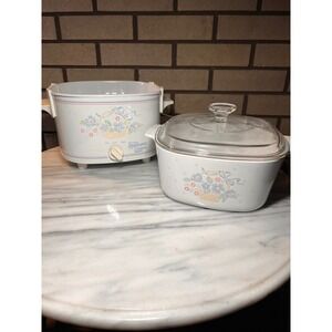 Vintage Rival Crock-Pot Corning Ware Country Cornflower Slow Cooker Pyrex Lid